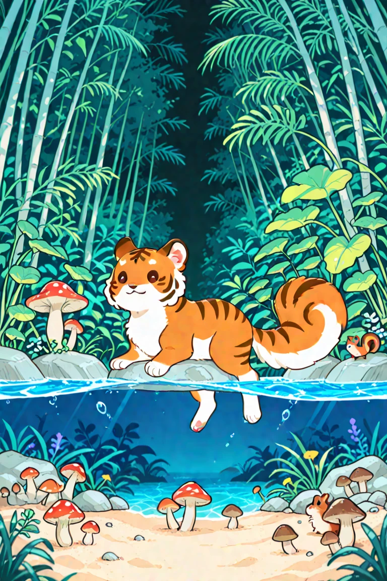 rating_safe, score_9, score_8_up, score_7_up, score_6_up, score_5_up, score_4_up, hires, source_furry(masterpiece, top-quality, Official art)Look at viewericro bikini, tiger and girl, Tiger painting}A flash of light runs, Colorful water levitation,