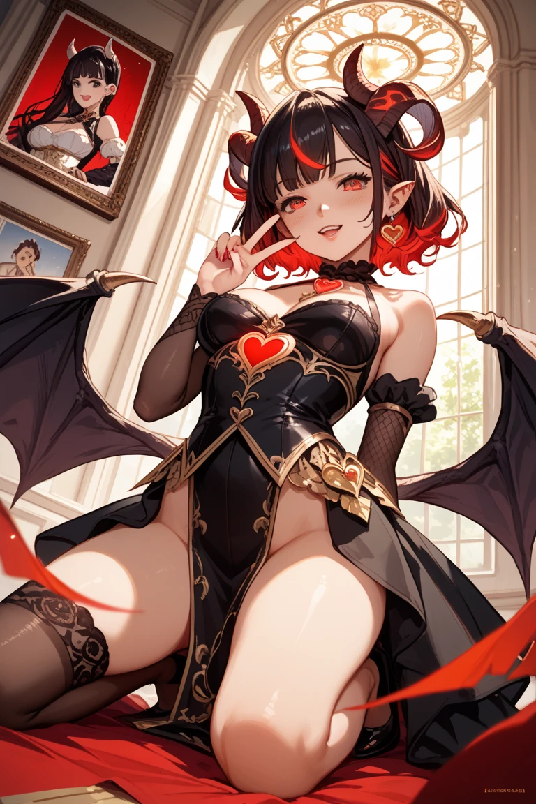  2D anime picture, (anime style 1), girl, 16 years old, sadistic, demoness princess, small demoness horns, beautiful long black hairstyle, in luxury and sexy princess demon fencing outfit, fantasy, Middle Ages, night 