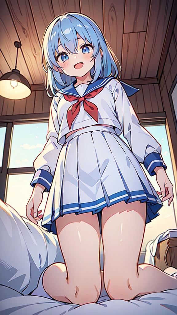 8K、masterpiece、Japanese、Woman wearing glasses、Neon(nod)、from the front、smile、Childish、Small breasts、See-through underwear、night、Bedroom、Show your underwear、mini skirt