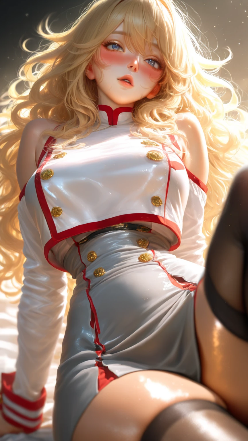 Woman saluting,Blonde,Long hair is thick,very red lips,Big Ass,Narrow waist,Long legs,Green Eyes Standing 8k(( A sloppy smile, The face we&#39;re looking for, Mischievous face)), ,8k(( Anime Style, The facial expression is good, Anime Style緑色の眼, The facial expression is good:1.５)), Standing at the station, Morning, Beauty, soldier, uniform,spring,cherry blossoms,Huge breasts looking at camera:1.1,Anime Styleの顔:0.1