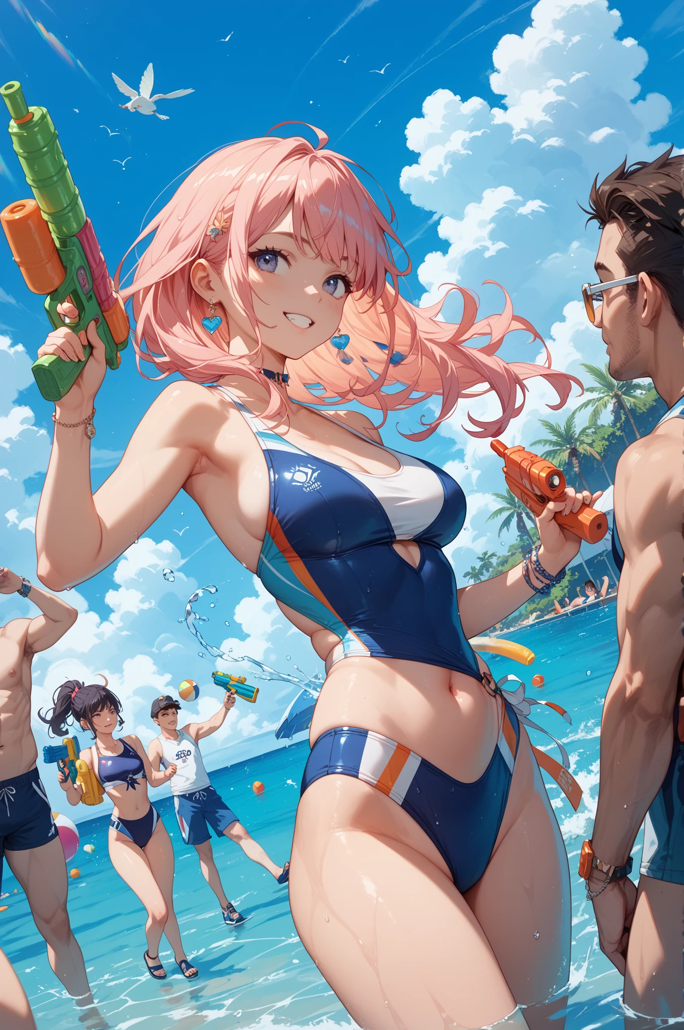 some pretty anime characters fighting over water with one another over the top of them a sun blushing lewd face while wearing very tight boots micro bikini