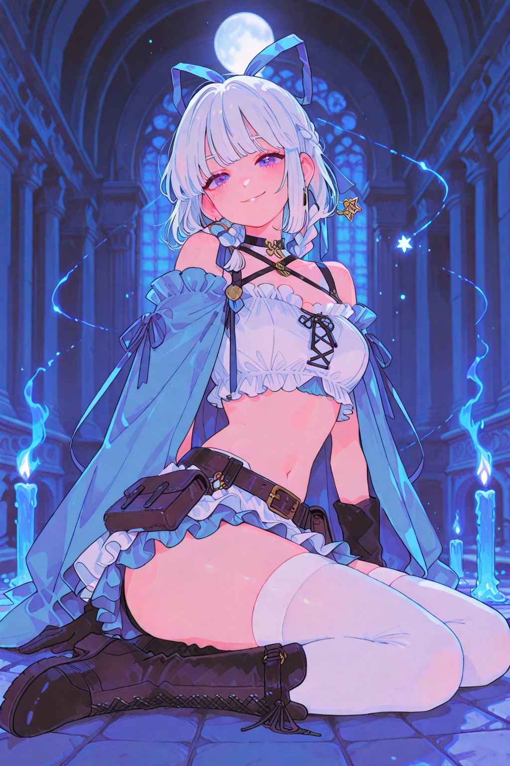 anime girl in a blue dress with a black cape over her shoulders, loli in dress, splash art anime loli, small curvy loli, extremely detailed artgerm, zerochan art, top rated on pixiv, cute anime waifu in a nice dress, loli, trending on artstation pixiv, seductive anime girl, flirty anime witch casting magic