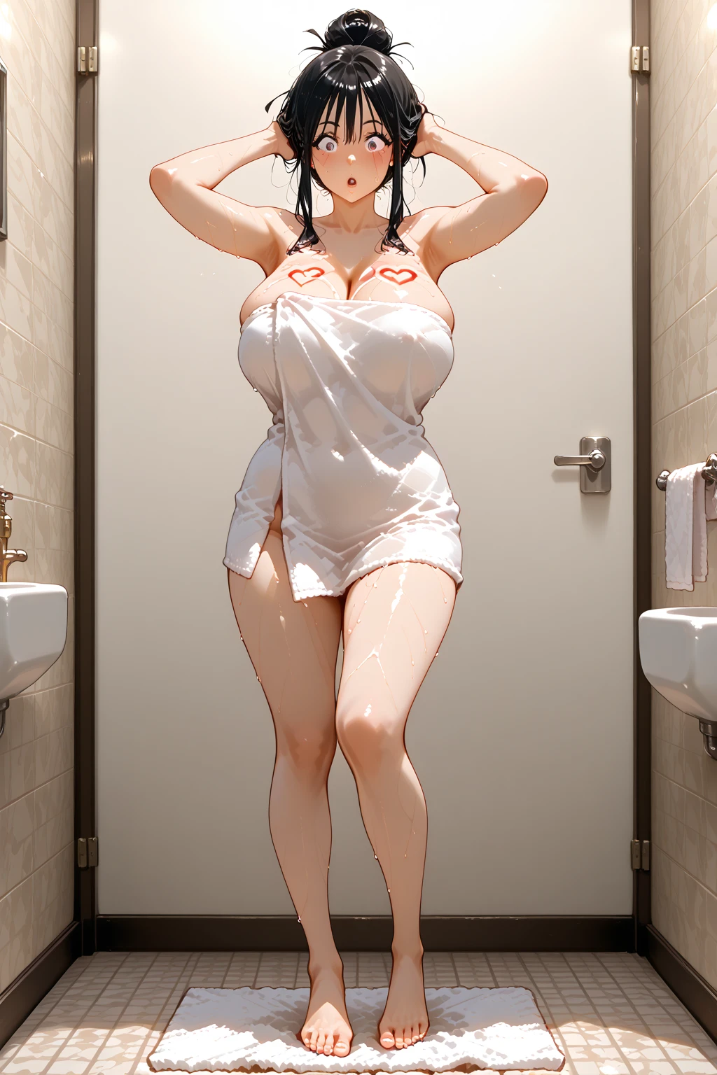 、(masterpiece、Highest quality)、Highest quality, Ultra-high resolution, (((masterpiece))), alone, Sweat、Big eyes, Composition from the front、Shortcuts、Embarrassed face、Bronze colored hair、Cut the back hair short、Bathroom、Shower scene、 Expose、Completely naked、pubic hair、belly button、Large areola、Nipples、short hair