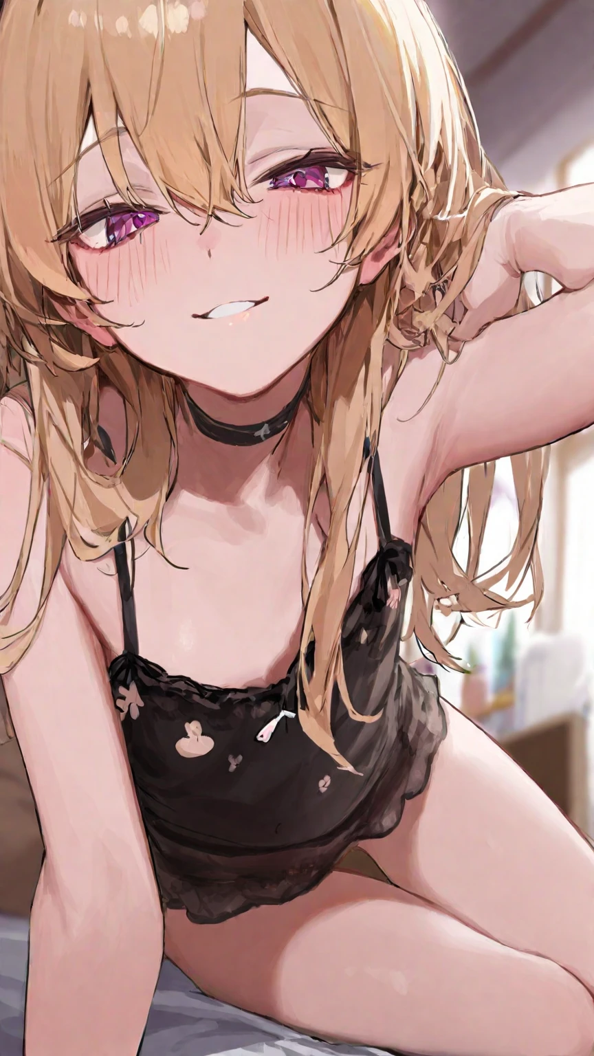 nsfw,((Petite)),(boy), blonde twintails,lips, A provocative smile,View your audience,Spread your legs,Black bra,A penis grows between the legs,