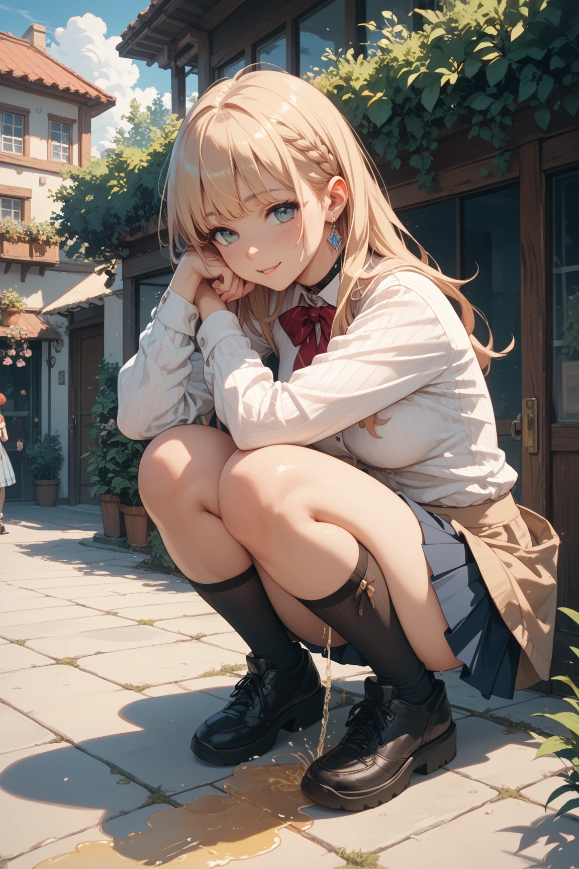 ((Lacy white panties)),((high school girl)),((school uniform)),((White blouse)),(((Pleated mini skirt))), ((A shy smile)),((Beautiful legs)),((Beautiful feet)),((squat)),Ultra-high resolution, Mature Woman, Mature Woman, Very detailed, (()), Perfect hands, Detailed fingers, Beautiful details, (((school uniform))),((Long blonde hair)),((ponytail)),Black choker, Earrings,loafers,(Black Pantyhose), (Black Stockings),Perfect Eyes, Seductive eyes, School stairs,Are standing