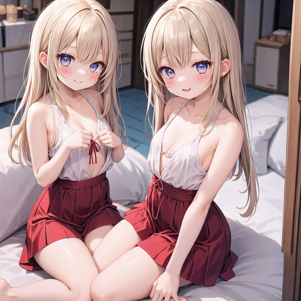 I'm 11 years old、blonde、medium long hair、red eyes、two cute girls、and soul、white t-shirt、mini skirt、white panties、prominent nipples、透き通るwhite skin、white skin、beautiful skin、beautiful feet、slim legs、garden、sit on top