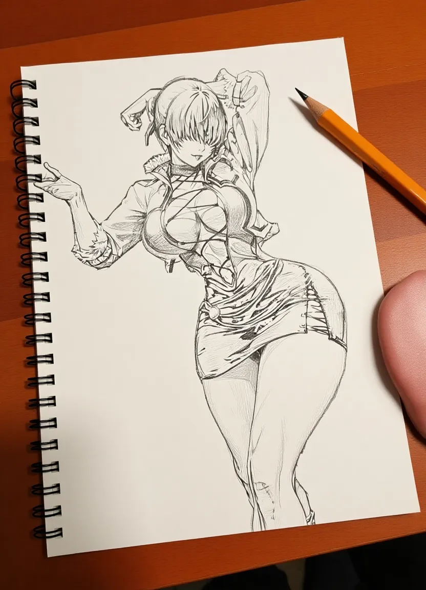 Drawing Lessons, top-quality, Poses, Correct anatomy, Beautiful body curves, Sketch beech, Daily Draw, vestments, Pencil、black-and-white、monochromes、Granblue Fantasy、Hair falls on the shoulders