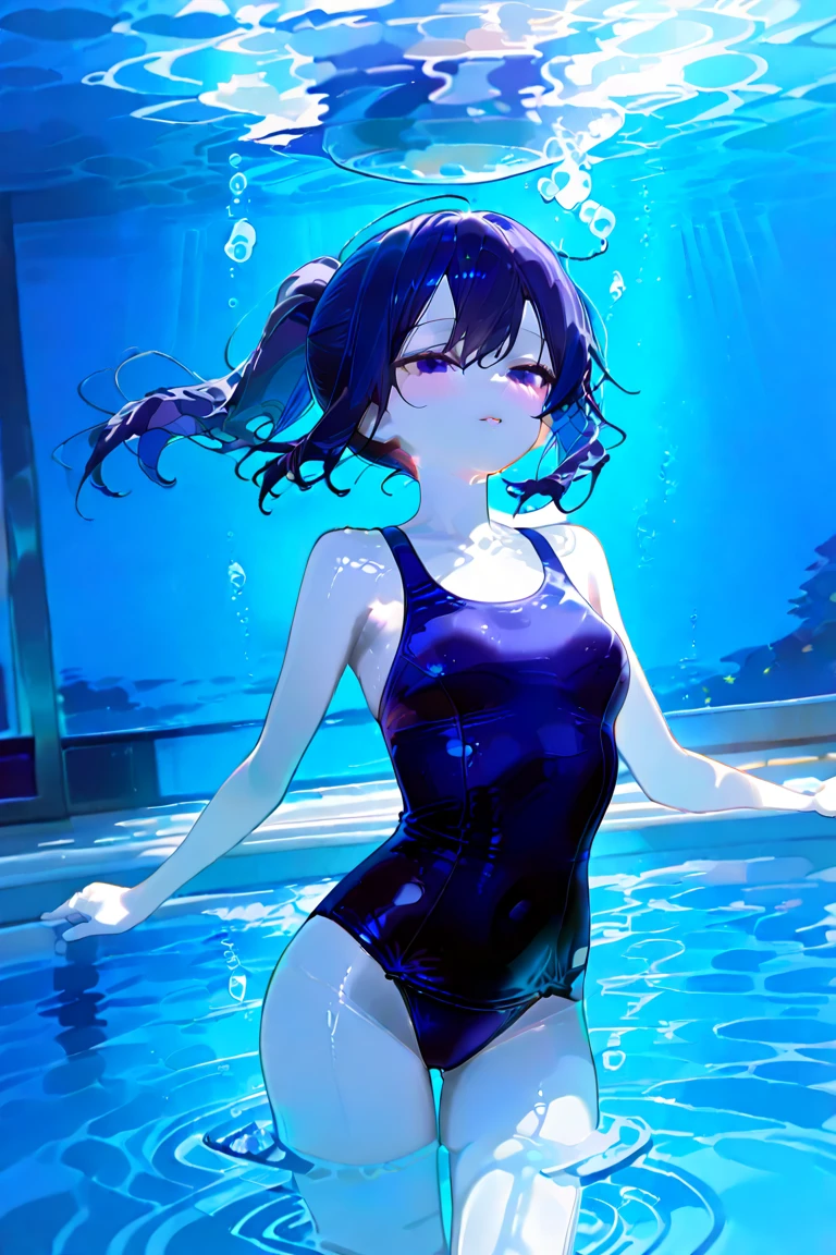 best quality, masterpiece, ultra high res, (photorealistic:1.4), RAW photo, Big beautiful eyes, Perfect Face, masterpiece, One girl, Shortcuts, Medium chest, Olympic Swimmer, Transparent and clear lavender swimsuit, tight high leg swimsuit、Portrait Shot, ((Shooting from below, looking up:1.2)), View your viewers, Filmed in a school classroom, Wet Skin, Intricate details,