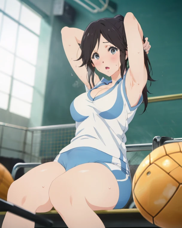 A woman in a red and white uniform is taking a picture, Cute girl in a tank top, Wearing Atsuko Kudo&#39;s latex costume, Wearing a volleyball jersey, yoko matsugane as Mai Shiranui, Wet swimsuit, sporty physique, lower angle, sporty, Wearing a swimsuit, Rubber-like body, Rubber-like body
