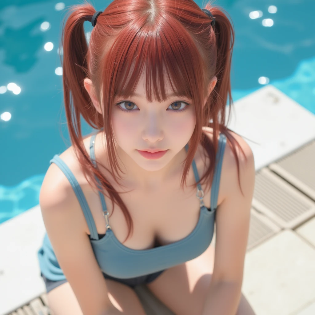 highest quality, Soft Light, Ultra-high resolution, (Realistic:1.4), RAW Photos,
1 Japanese girl, alone, cute, (pupil, light in your eyes),  Beautiful face in every detail, (High resolution detail of human skin texture),
(low twintails)、
Night Pool,High angle、From above、Red Bikini、Thong、Sitting by the pool