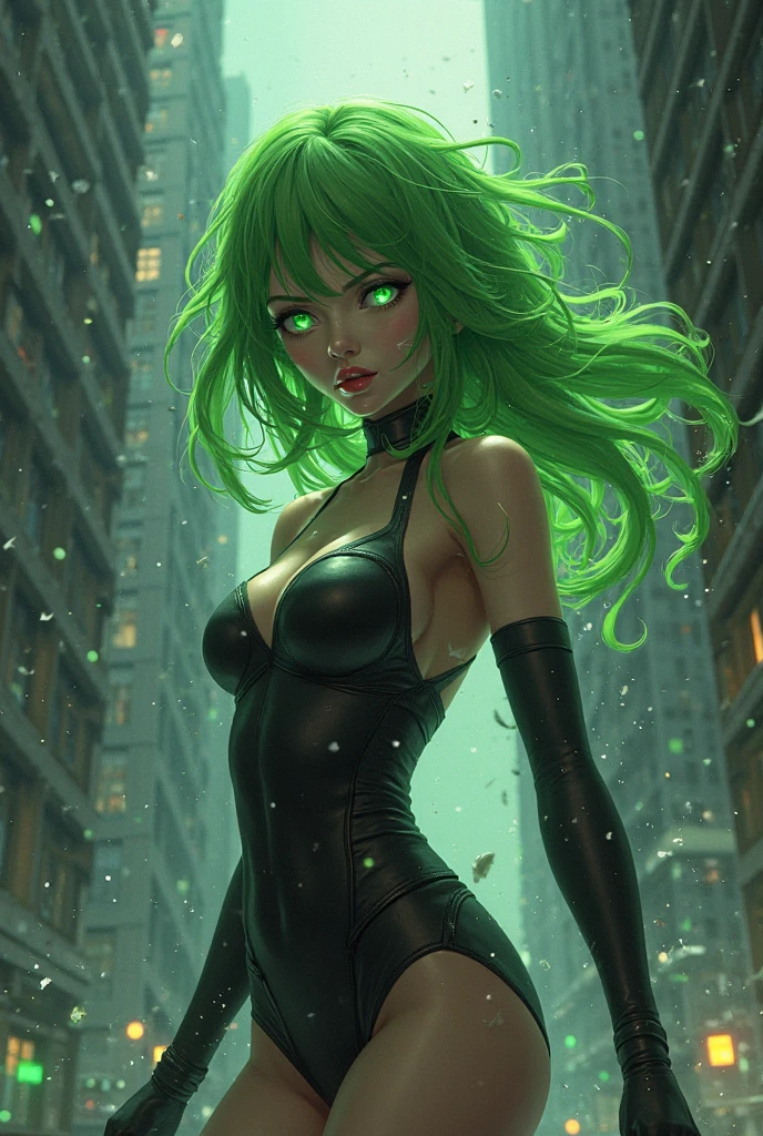 Hero in cat costume with black jacket and green hair
