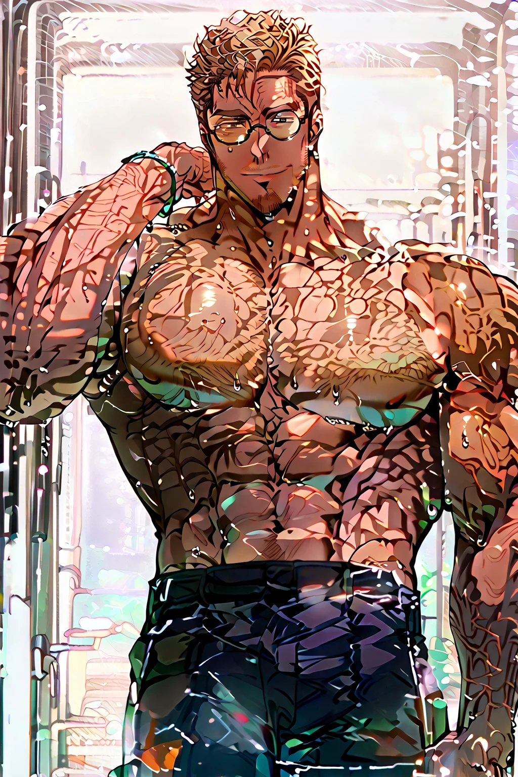 (Top Quality, 8k, 32k, Masterpiece, NSFW, UHD: 1.2))), Swimming Goggles, Shirtless, Abs, Sweat, Wet, Protruding Pubic Hair, Nasty Lips, Anime Coloring, Happy Face, Naked, Abs, (Erection 1.2), Emphasis, (Mokkori: 1.4), (((Manly Chest Plate)), sweaty, (he's wet, wet 1.2), nude, (POV, view from below: 1.2), (thin underwear, wet, beautiful nipple slip: 1.4)), blond hair, long hair