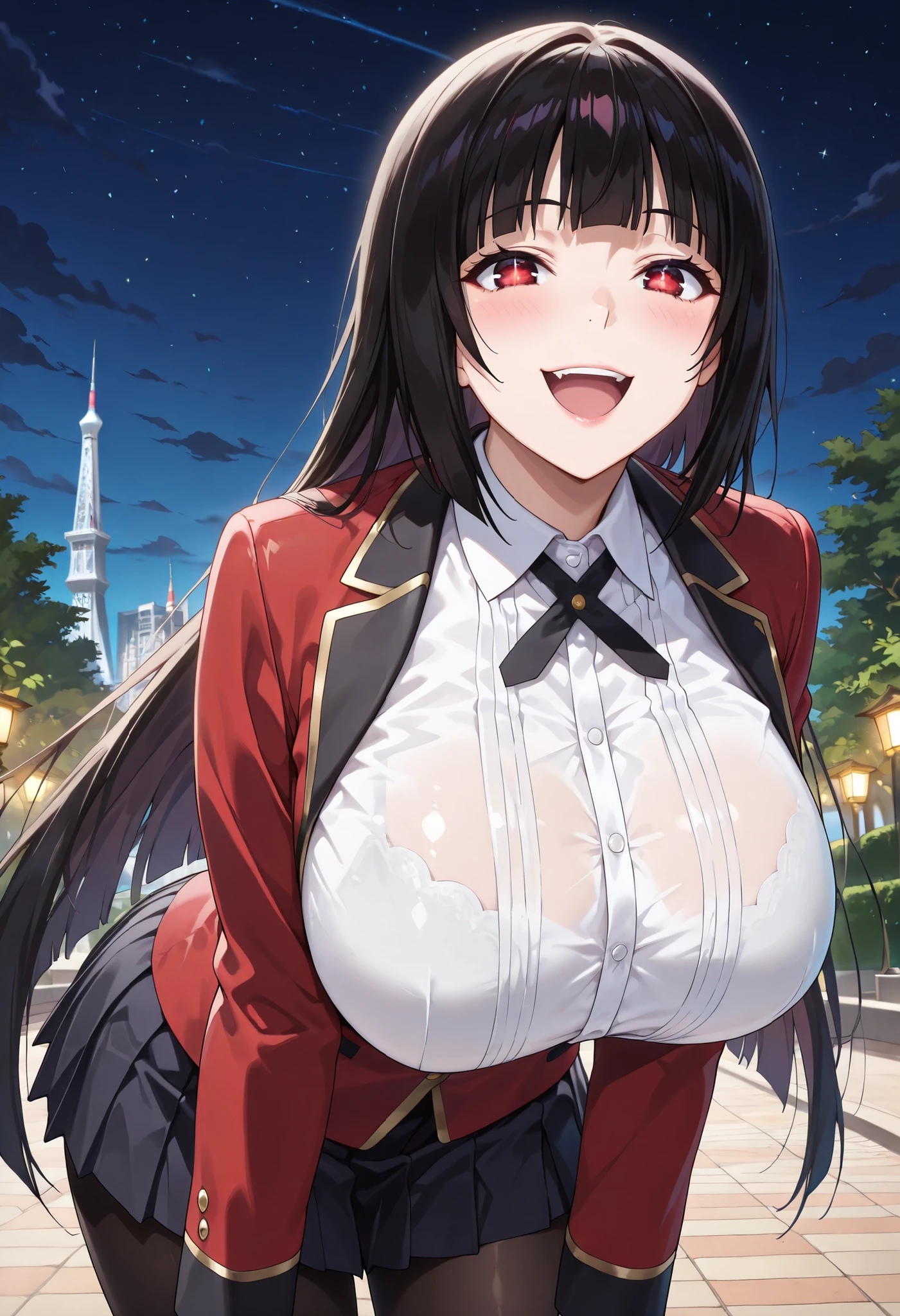 (master piece, best quality, anime, detailed, absurd:1.2), Japanese women, high school girl, jabami yumeko, Beautiful Character Designs, Beautiful skin, Long Black Hair, straight hair, short bang, beautiful detailed depiction of eyes, expressive eyes,Red Eyes, Fearless Smile, (uniform, Red Jacket, black pantyhose, white shirts are open at the summit of Mt. Hakodate, black ribbon, pleated skirt, long sleeve), (huge breasts:1.1), provocative poses, night, At a park where no one else is there