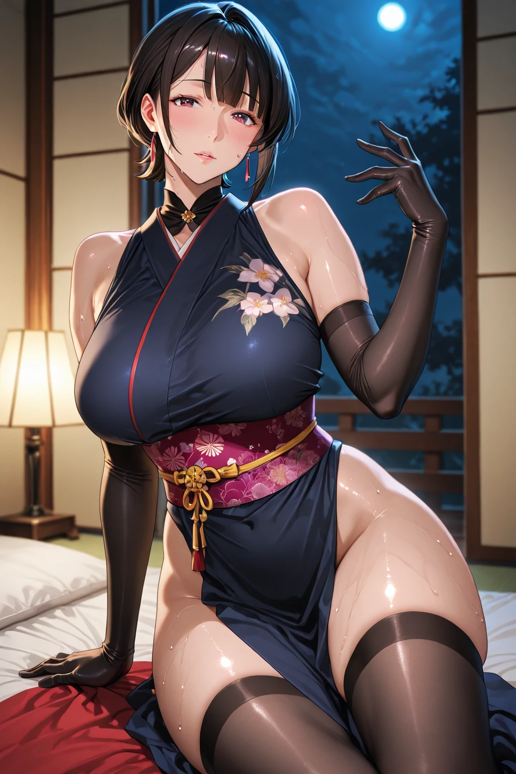 Raiden Shogun, raiden,  Masterpiece, Best quality, Ultra-detailed, Beautiful lighting, bangs,  (Stand with one foot in front of the other，both hands on hip), (angle of view:1.1), (Smile:0.9),Busty body，large thick legs，nakeness，(Unbeatable masterpiece, ultra realistic 8k cg, Perfect artwork, perfect women figure,dramatic shadow,Ray tracing),
( spotlight,Perfect lighting,Detailed light,dramatic shadow,Ray tracing),
(Mature female, A MILF, An extremely delicate and beautiful:1.2),
(Seductive posture, Suggestive sexual behavior,Dressing sex),((Large breasts:1.1)),(abundance:1.3),(Short hair:1.5),
Wide hips, (wie z_swarm,ancient chinese background, The Chinese model, Shawl, plumage, Hanfu, Detailed clothes,Chinese pattern dress:1.2), (Indoors + dark vibe atmosphere + Chinese Garden + Pavilion + Peaceful + bridge + green trees),