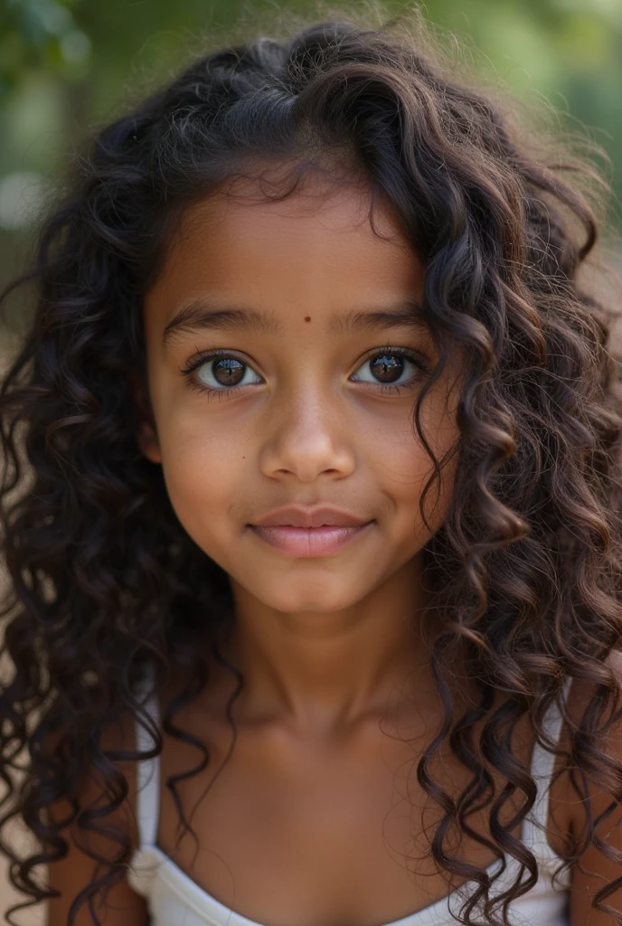 menina, 6 anos, cabelo preto cacheado, nude