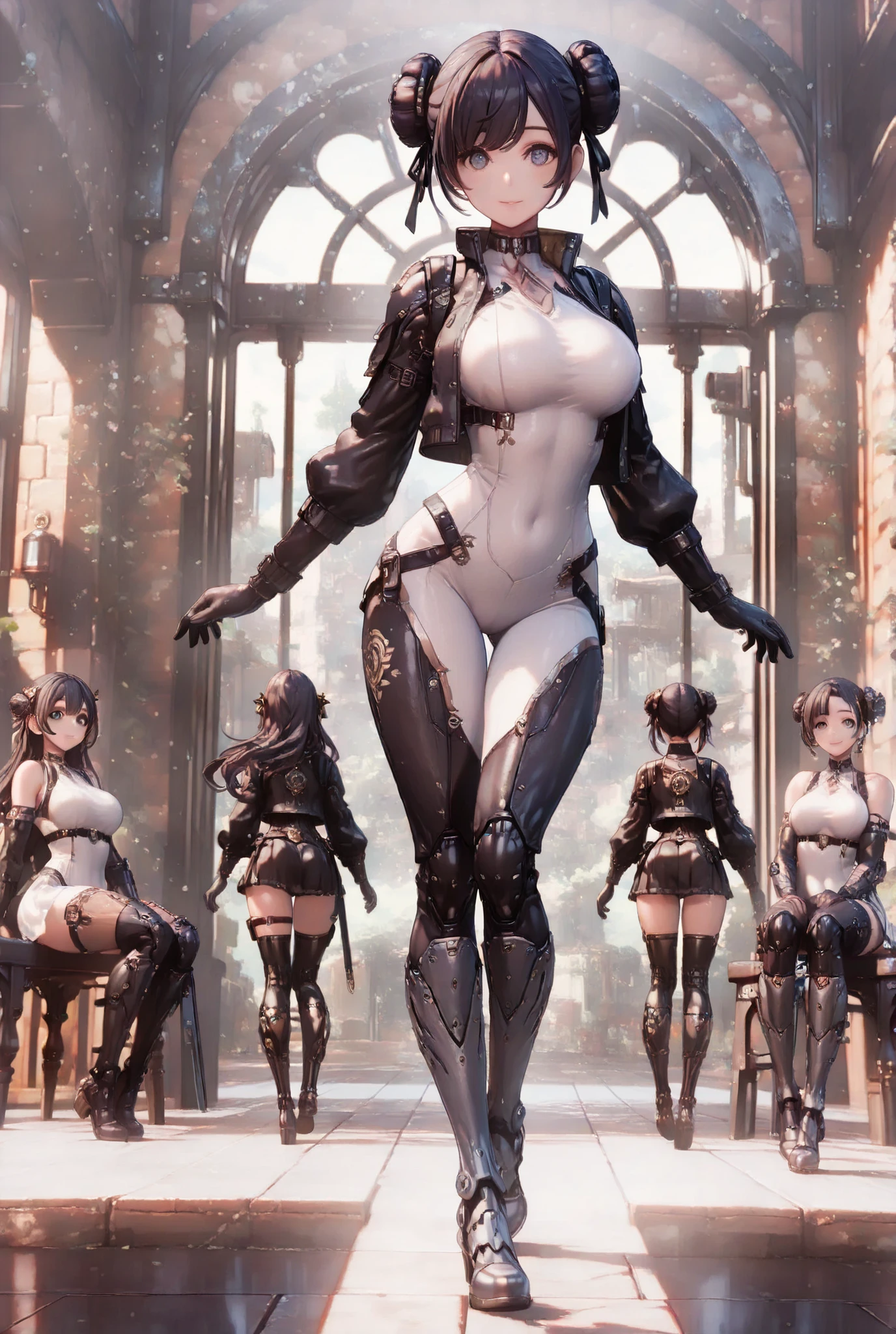 Woman knight、a beauty girl、huge tit、Excellent style、Nice Buddy、glamorous、leotard、s Armor、Shoulder rest armor、Bra chest armor、knee boots、gauntlets、hair adornments、silber hair、Longhaire、Ahoge、is standing、full body seen 、Medieval city、Walking、slightly open mouth、a smile、