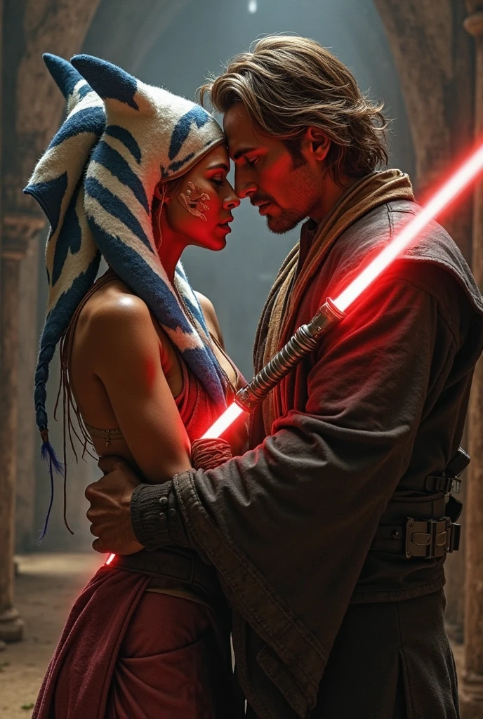 couple of man and woman where the man is dressed as a jedi with a red lightsaber in his hand and the woman has light brown skin, black curly hair and dressed in Gryffindor clothes. They are looking at each other in the Star Wars setting