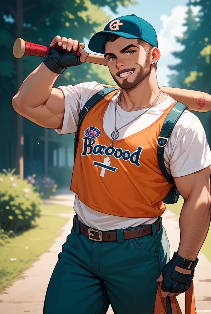 Male, tall, Latino, skinny, long hair, brown hair, ponytail, big chin, yellow t shirt, red shorts, green baseball cap, brown eyes, fat penis, very long penis, uncut penis, foresking, pubic hair, one prosthetic leg, massive penis , soft penis, huge bulge, dick slip, solo , skinny, dark tan skin, sitting