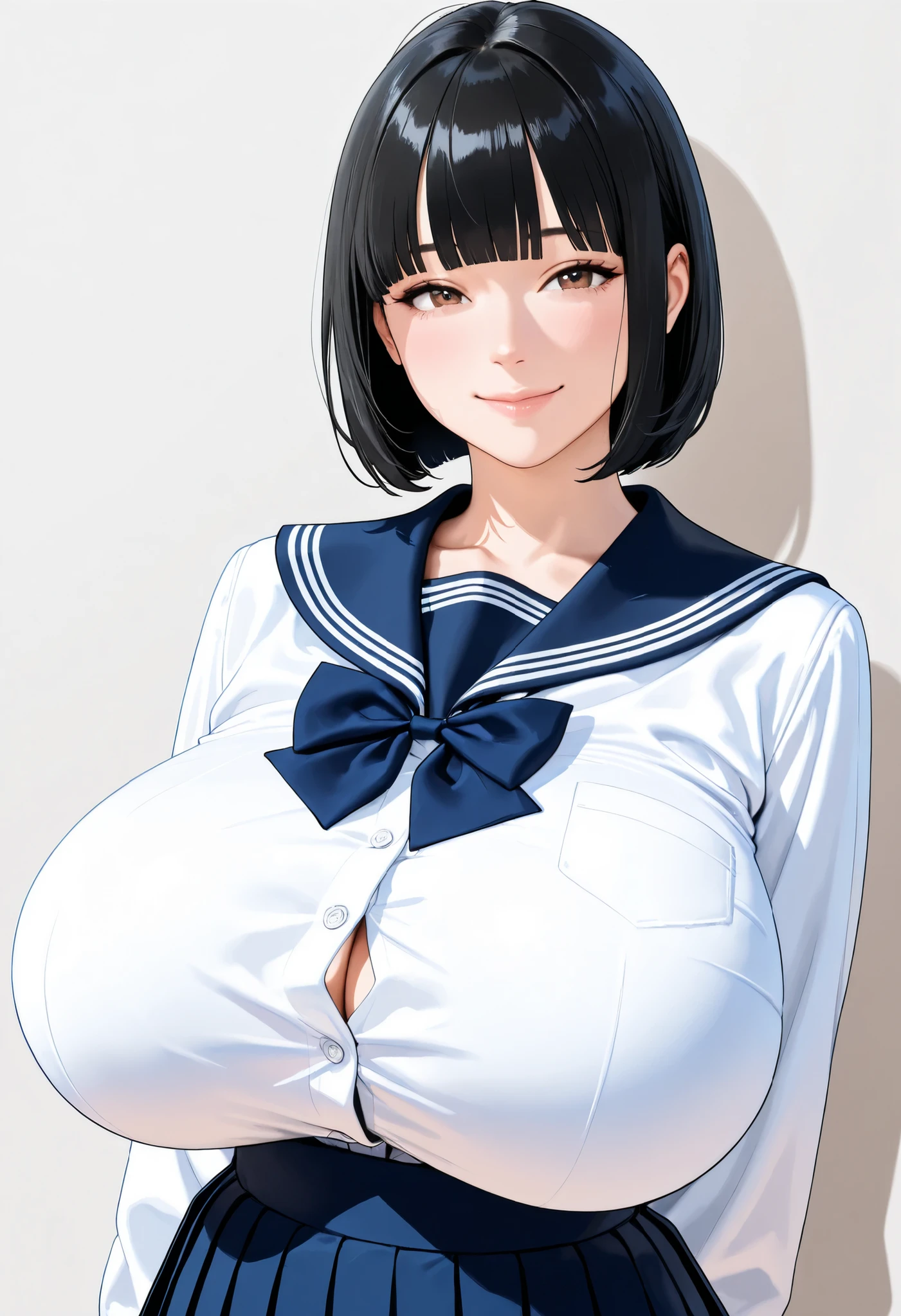 (masterpiece, details, top quality, 8K, [realistic], absurd:1.2), Japanese Women, 1 high school girl, Beautiful Character Designs, Plain face, (black hair, middle hair, bob cut, blunt bangs),  美しくdetailsな目の描写, Expressive Eyes, brown eyes, Japanese woman who likes to be lewd, Smile, (school uniform:1.5,  navy blue sailor skirt), (voluptuous bust:1.5, saggy huge breasts:1.5), standing