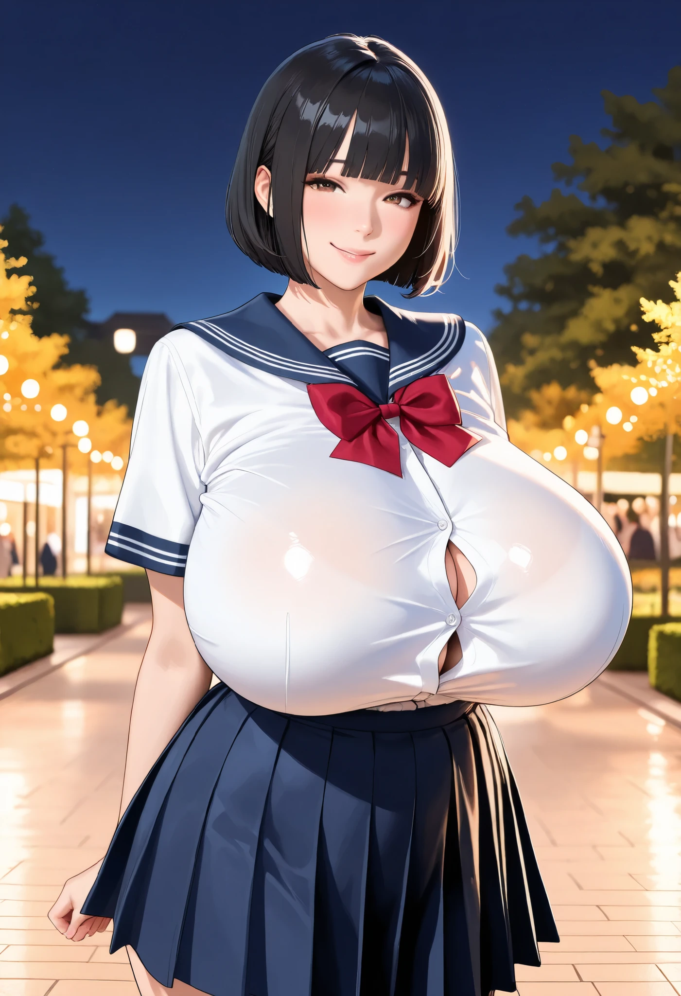 (masterpiece, details, top quality, 8K, [realistic], absurd:1.2), Japanese Women, 1 high school girl, Beautiful Character Designs, Plain face, (black hair, middle hair, bob cut, blunt bangs),  美しくdetailsな目の描写, Expressive Eyes, brown eyes, Japanese woman who likes to be lewd, provocative smile, (school uniform:1.5,  navy blue sailor skirt), (voluptuous bust:1.5, saggy huge breasts:1.5), model pose, standing, night, At a park where no one else is there