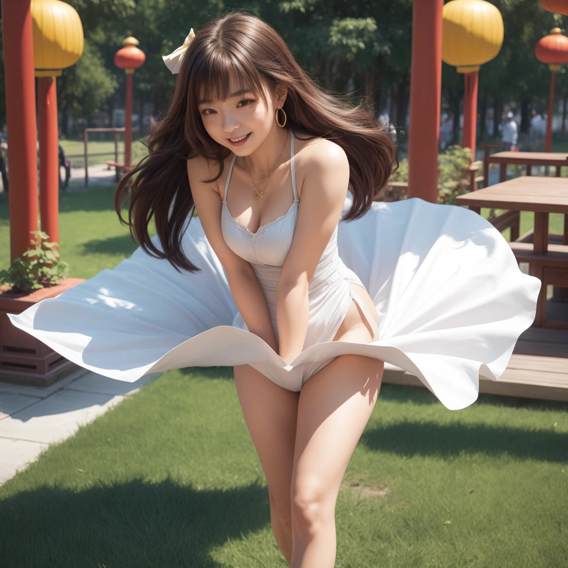 Highest image quality, 8K quality, masterpiece, professional writing, Two women with huge breasts are standing next to each other, Super big breasts compressed with clothes, Whitening skin, shining blue eyes, ,net neck mini dress, above the knee, Skirtliftv1, (Beautiful butt sticking out:1.5), Super big breasts straight ahead composition, (white panties), beautiful ass