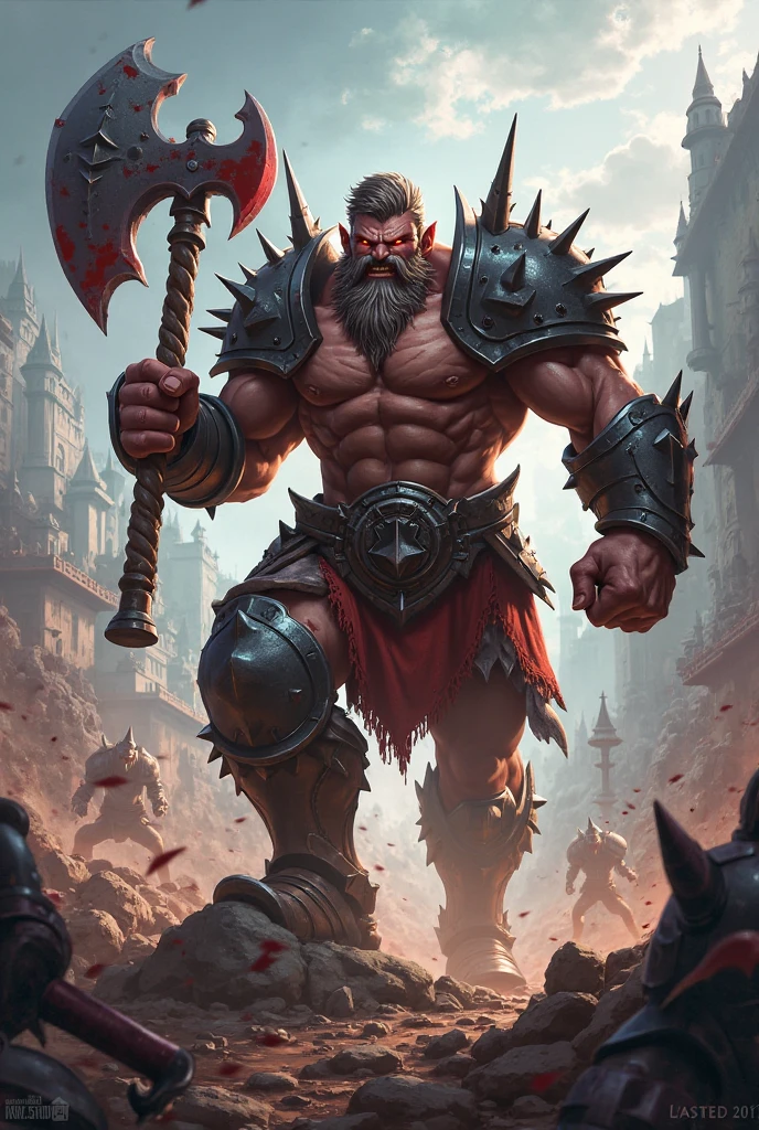 there is a man with a sword and a skull on his shoulder, grog strongjaw, barbarian class, berserker potrait, barbarian, portrait berserker barbarian, male barbarian, dog - faced muscular goblin, picture of an adult male warrior, barbarian warrior, portrait of an orc warrior, tyler edlin fantasy art, barbarian celebrate his birthday, concept art of a warrior