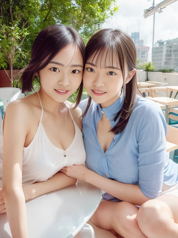top-quality、masterpiece、solo、a beautiful Japanese 、sixteen years old、(nudity:1.3)、Happy smiling face、((looking at the viewers))、Blushing、((hugging a small boy))、cowboy shot