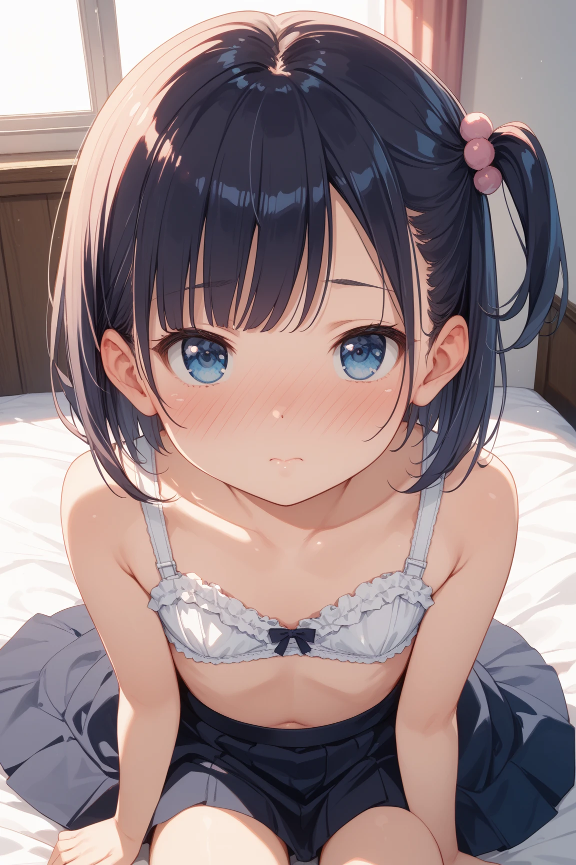 finger to mouth,from front,front view,looking at viewer, looking ahead,from above,cowboy shot,1girl,Beautiful 11 year old girl,Japanese,Slender,,low length,Small breasts,Thin legs,Small Ass,Baby Face,Small face,Black Hair,Row Twin Tails,Gray Eyes,Drooping eyes,middle School girls,Sheer pink negligee,Sexy Lingerie,open mouth,tongue out,front face,Kneeling,Straight Stand,Beautiful and detailed anime art,Mischievous smile,Sexy vibe,cum on tongue,Dimly lit room,On the bed,Simple Background,Gray background,Low lighting,
