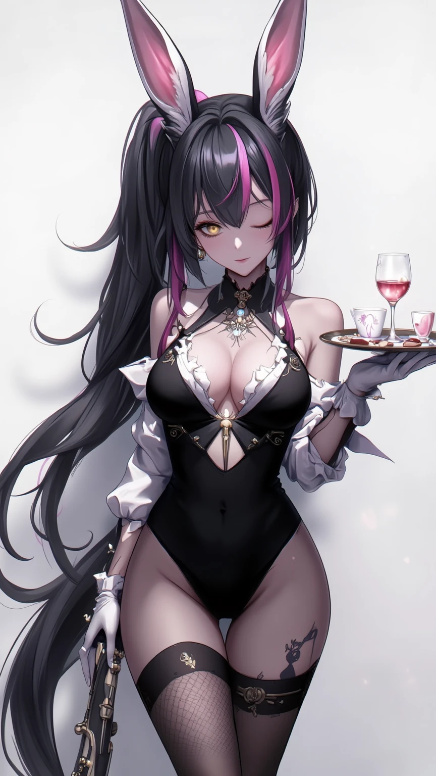 absurdres alcohol animal_ears ass backless_leotard black_hair black_leotard blue_archive blurry blurry_background blush breasts champagne champagne_flute commentary cup dark-skinned_female dark_skin drinking_glass fake_animal_ears female fishnet_pantyhose fishnets gloves gradient_hair hair_between_eyes halo highleg highleg_leotard highres holding holding_tray indoors karin_(blue_archive) karin_(bunny)_(blue_archive) large_breasts leotard long_hair looking_at_viewer looking_down multicolored_hair number_tattoo official_alternate_costume pantyhose parted_lips playboy_bunny ponytail purple_hair purple_halo rabbit_ears reiji-rj shoulder_tattoo side-tie_leotard sidelocks solo strapless strapless_leotard tattoo teeth thong_leotard torn_clothes torn_pantyhose tray twisted_torso very_long_hair white_gloves white_wrist_cuffs wrist_cuffs yellow_eyes	Revert