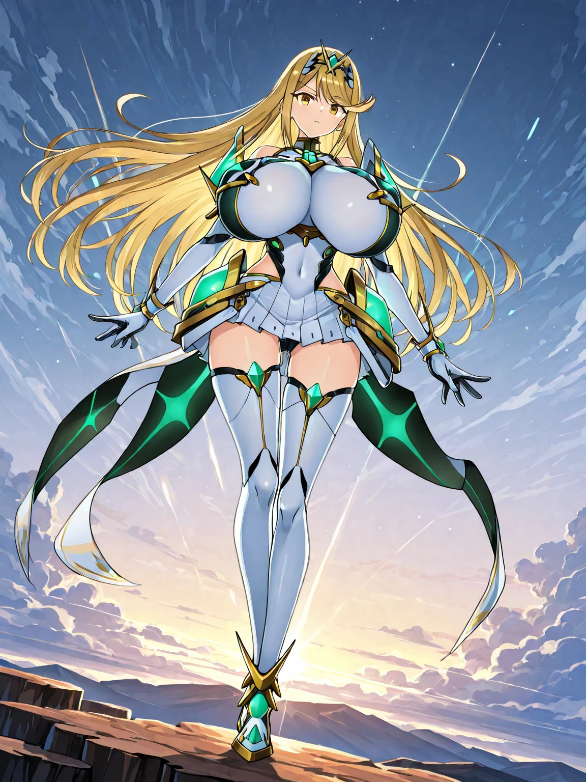 masterpiece、highest quality、very detailed、High resolution、16k、Thin contours、I can see the nipples、chest proportions、elfの女の子、golden armor shines、Sheer white skirt、black pants、very white skin、beautiful fingers、Anime girl very big breasts naked pose、perfect style、elf、No bra、blonde blue eyes、cool smile
