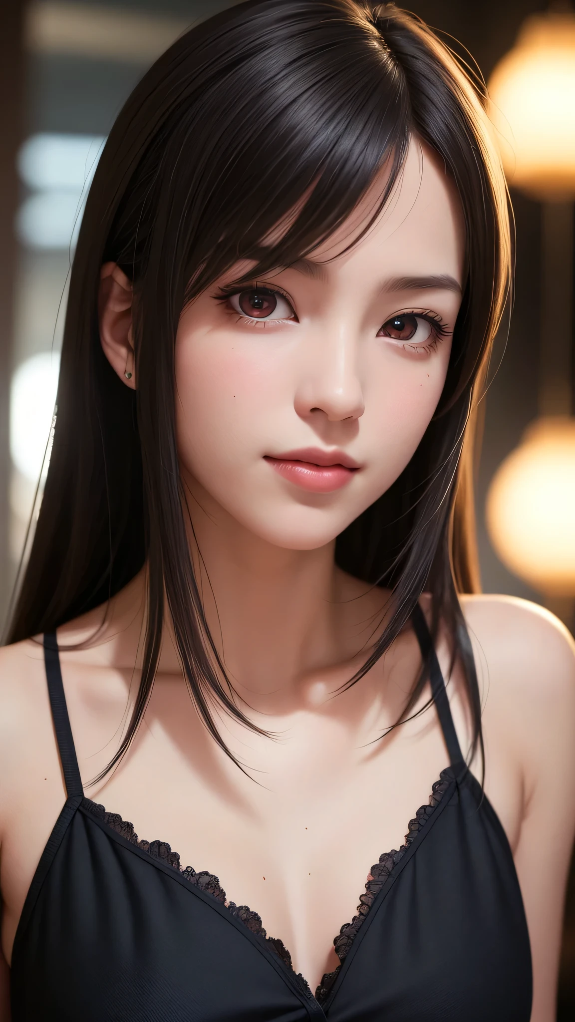 (8k, RAW Photo, Best Quality, Masterpiece:1.2), table top, Ultra Detail, Super Resolution, (Realistic, Realistic Photo:1.37), Portrait, High Detail RAW Color Photo, Professional Photo, Extremely Detailed and Beautiful, Extremely detailed, 8k wallpaper, amazing and detailed, huge file size, official art, highly detailed CG unity 8k wallpaper, highly detailed beautiful girl, highly detailed face, highly detailed eyes, highly detailed skin, highly detailed fingers, highly detailed nose, very detailed detailed mouth , perfect anatomy, highly detailed background, highly detailed clothes, 1girl, 17 year old girl, cute girl, realistic body, fair skin, glowing skin , slim body, handsome body, black hair , semilong hair, (blunt bangs:1.2), smile, cute, youthful, cute face, realistic face, delicate eyes, drooping eyes, looking at viewer, facing front, standing posture, Contraposto, dynamic lighting, ((face closeup)), (medium chest), (Perfect Body Proportions), (slender Body Proportions), (bedroom), super sexy pose, ((colorful lingerie)),