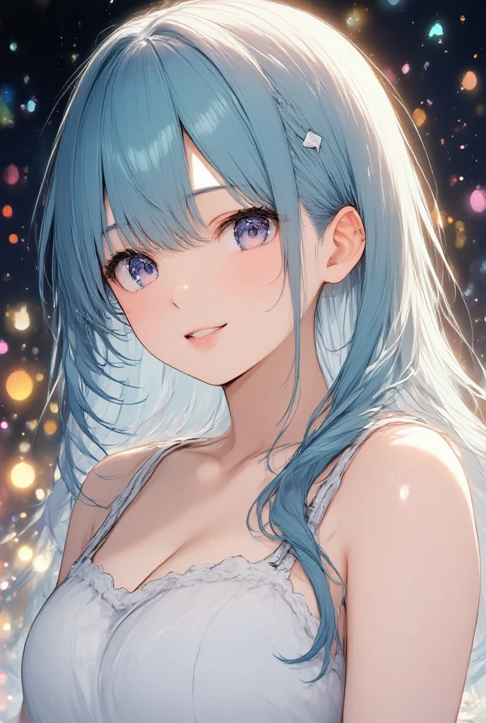 Face close-up、light blue Hair、long hair、girl1、smile、cherry blossoms、Light blue eyes、Open your mouth、Pink Lips、Off the shoulder、Large Breasts、Cleavage、night、Starry Sky、Hide your arms behind your body、Glowing Hair