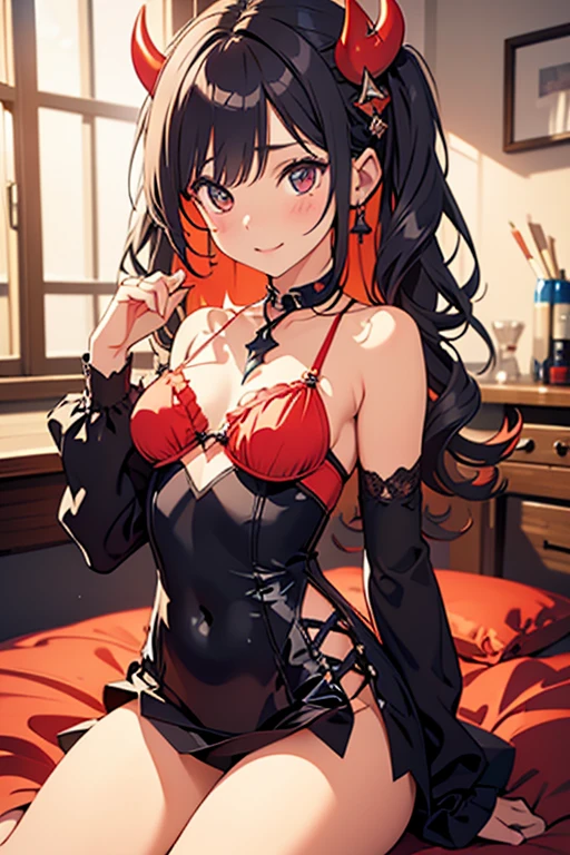 18 yeas old, girl, black hair, long hair, slim, big tits, narrow red eyes, cute, cat ears, (embarrassed,  blush:1.3), smiling, black lace, sailor uniform, See-through, ribbon, fishnet, garter belt, frills, Kneesocks, high heels, blue rose, headdress, frontal, spread legs, church,