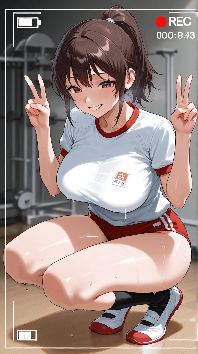 1 girl,gym_uniform,White,White shirt,masterpiece, best quality, very aesthetic, absurdres,breasts,tight skin,(impossible shirt:1.5)