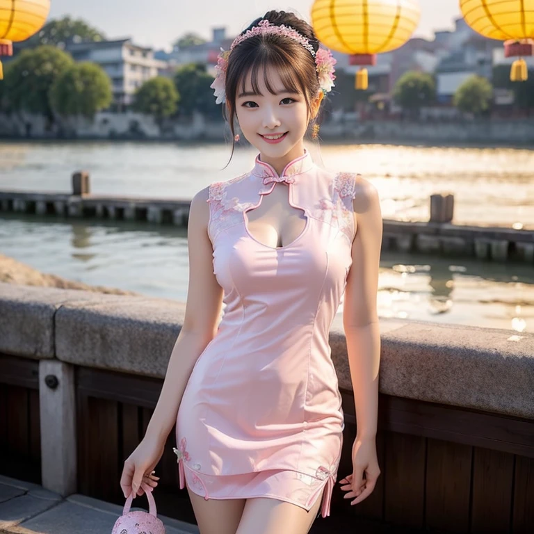 master piece,from front,standing,full body,Highest quality,Very detailed,Nikon D850 film stock photo, 1 1 1.6 Lenses, Rich colors, Realistic, Cinestill 800, Backlight, Rim Light, Studio Lighting,a girl, one girl,solo focus,alone,8k,raw photo,Japanese women,Age 25,Fair skin,Beautiful eyes,Clear,Detailed eyes,smile,teeth,french twist hair,,g cup bust,Large Breasts,valley,cheongsam,background:Urban streetscape of Shanghai, china,one girl