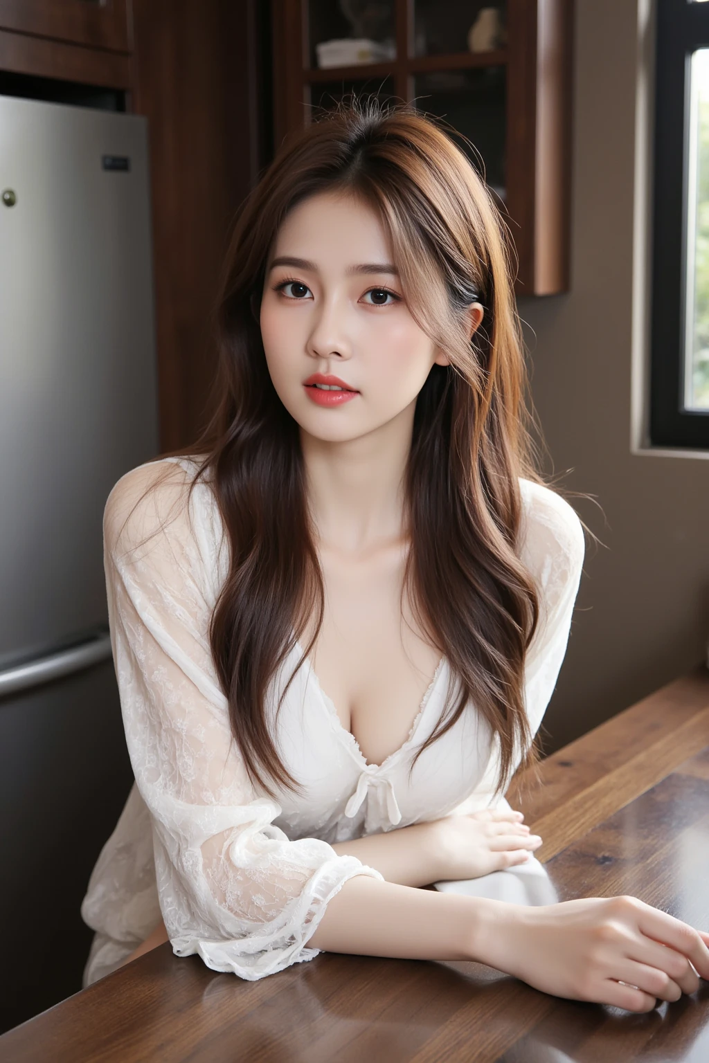 (((Brown Long Hair))), (Louvre Museum), Pose Seductive, (A hyper-realistic), (Illustration), (Increased resolution), (8KUHD), (Extremely detailed), (Best Illustration), (Beautiful and detailed eyes), (Best Quality), (ultra-detailliert), (masutepiece ), ( Wallpaper), (Detailed face), Solo, 1人の女性, Fine details, Detailed face, Deep Shadows, lowkey, pureerosfaceace_v1, Smiling, 46 point slanted bangs、Collared love purple see-through blouse、cleavage of the breast、Big necklace、large earring、