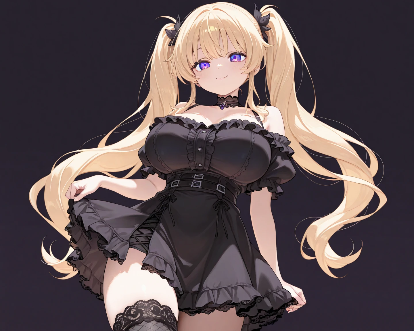 masterpiece, Highest quality, (anime screencap:1.3),(shape), cute,(Simple:1), (anime:1.2),Solo Sharp Focus, 1 Girl, Cleavage,Looking at the audience,night,mini cooper,（starlight,starry sky1.1）,Blonde,((mini skirt)),Are standing, Twin tails,summer ,((Black Gothic Costume)),Red ribbon,Gothic,,Black Lolita Fashion,Gothic Bonnet,Hair Ribbon,Cowboy Shot,Daytime,,,Large Breasts,,（Absolute region 1.1),（Braided Boots 1.1),Browsing Caution,