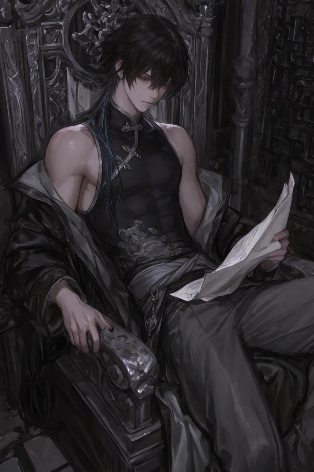 [hyper realistic:(unreal engine):realistic:,0.5,0.99], handsome 1 boy,(handsome face),(Sky), clouds (dark magic: 1.2), evil assassin, mature, domineering,(muscle), Knight costume, oiled skin, upper body, looking at viewer, long hair, black hair, (volumetric lighting), atmospheric perspective, dust particles, light axis, (e_foxy:0.7), m_wlop, (e_landscape:0.7)