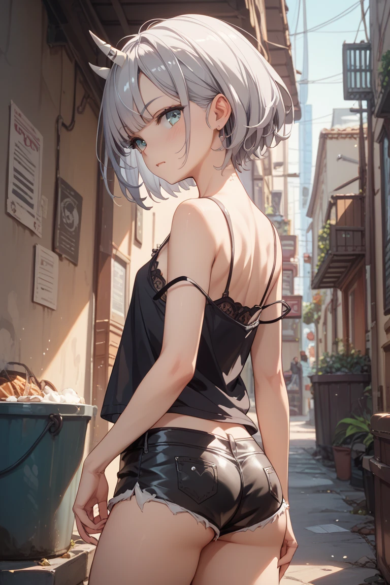 ((butt)), (rear view), ((sexy pose)), (sexy girl), masterpiece, best quality, full body, (1girl), bangs, blush, breasts, collarbones, ear piercings, eyebrows visible through hair, jewelry, looking at the viewer, (goth), white hair, bright eyes, (solo), illustration, fashionable, woman, posing, background, elements, confident, expression, holding, accessory, majestic, scene, eye-catching, dynamic pose
