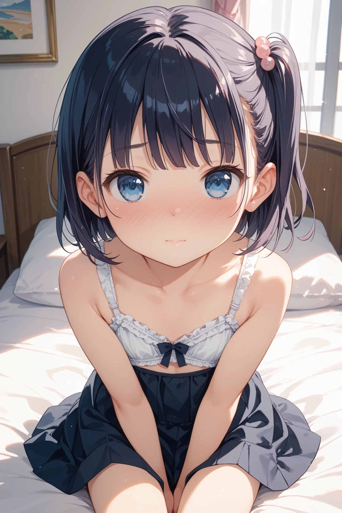 front view,1girl,Beautiful girl at 10 years old,Japanese,Small and slim,Flat Chest,Small breasts,Baby Face,Small face,Black Hair,Row Twin Tails,Gray Eyes,Drooping eyes,middle School girls,Sheer nightgown,lingerie,open mouth,tongue out,front face,Kneeling and sitting,Beautiful and detailed anime art,puzzled look,front view,high angle, looking at viewer, looking ahead, from above,face focus,Sexy vibe,cum on tongue,Dimly lit room,On the bed