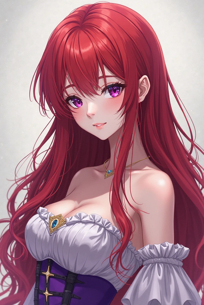 Highest quality、highest quality、Highest Resolution、beautiful girl, Bright red hair、Big Tits、 Detailed purple eyes, Sexy white lingerie-style gorgeous dress,Firm breasts,Big cleavage、necklace、Earrings、In close range、Sexy look、Poses that accentuate the chest