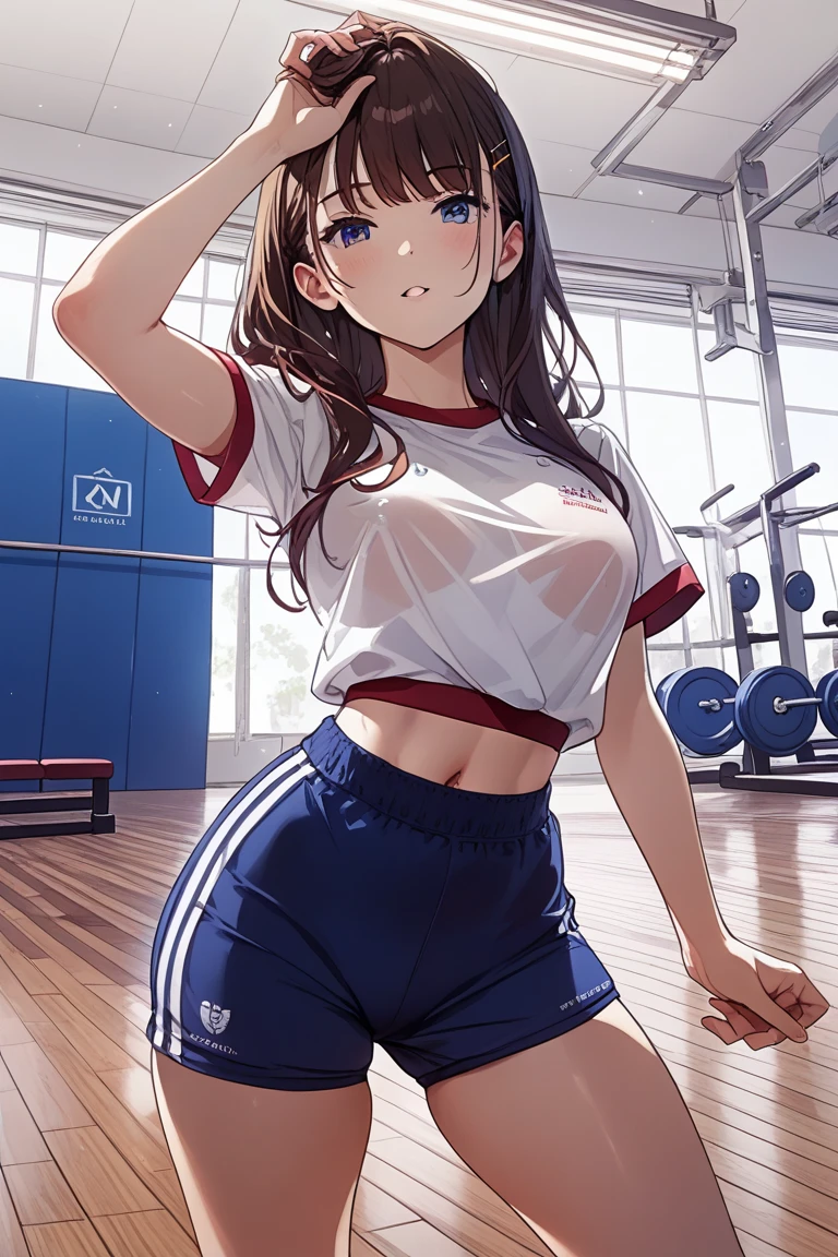 (((1girl))), ((best quality)), ((masterpiece)), ((ultra-detailed)), (illustration), (detailed light), (an extremely delicate and beautiful), (beautiful detailed eyes), (sunlight), ((extremely light)), 

((((white and navy gym uniform)))),
school girl,

wavy long, (((dark brown hair))),  (((long hair))),
(((deep orange eyes))), 

((whole body)), aged 14 to 17, 
diamond, beautiful, ((extra elegant)), (((condescending expression))), (sexually mischievous smile),  (((extra adorable))), (((extra slender shape))), 

squatting in the school gym, 

(((extraordinarily thin thighs)))