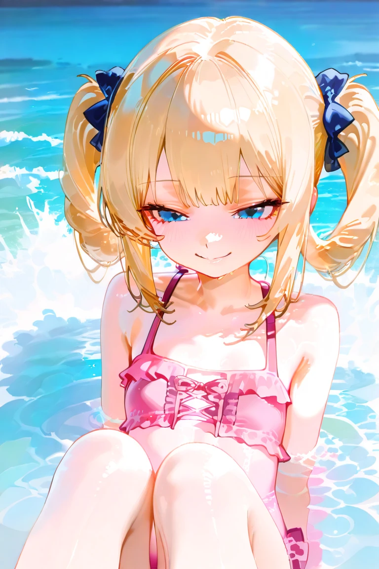 masterpiece, highest quality, 8k, ultra high resolution, highest quality, anime style, best writing, beautiful face, solo、1 girl、bob cut, blonde, green eyes, masterpiece, highest quality, Hinaichigo, (Pink school swimsuit:1.3), (frills:1.3)、floating ring floating in water, Sit on a float、blush、smile、lolita、9 years old