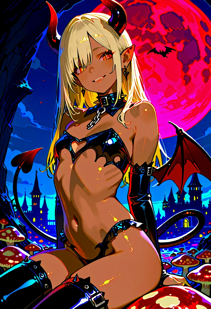 (masterpiece, best_quality, ultra-detailed, immaculate:1.3), epic, illustration, 1girl, (tactile Hermitpunk:1.3) succubus, wings, full body, lingerie, [:skimpy costume design,:0.2], official art, dark skin, studio bright beige lighting , in a aquatic, tropical warzone, bombshell hair, glowing sunset hair, hair ribbon, ojou-sama pose