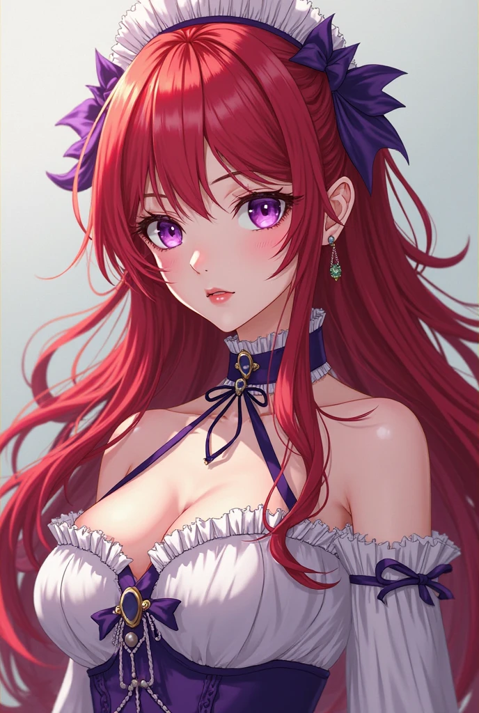 Long red hair with a long white lock , One eye is blue and the other eye is purple., beautiful medium bust. anime