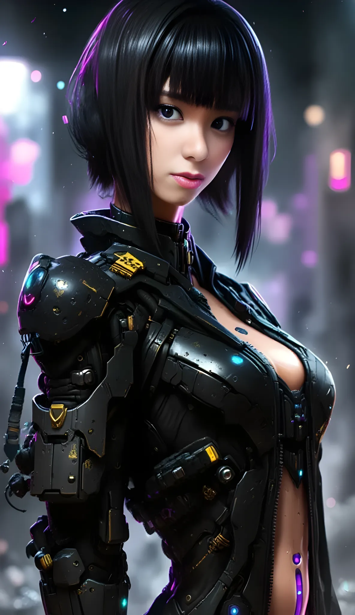 1 girl. best quality, realistic photo, raw photo thin waist, full body, (breasts out:1.5), (show pussy:1.5), small breasts, small ass, skinny thighs, platinum blue hair, short hair, detailed face, detailed eyes. In the neon-lit night city, standing on the rooftop of a high-rise building, around 18 years old, Rendered in a realistic cyberpunk style, she was wearing a power suit rich with mechanical details. The power suit was designed with advanced technology, featuring intricate mechanical parts on her arms and legs, and a glowing emblem on her chest. Her expression was filled with determination, and her eyes, staring straight ahead, radiated a strong sense of resolve. In the distant sky, drones were flying, and the entire city was bathed in a futuristic glow. The perspective was slightly elevated, looking down on her, emphasizing her strength and determination.