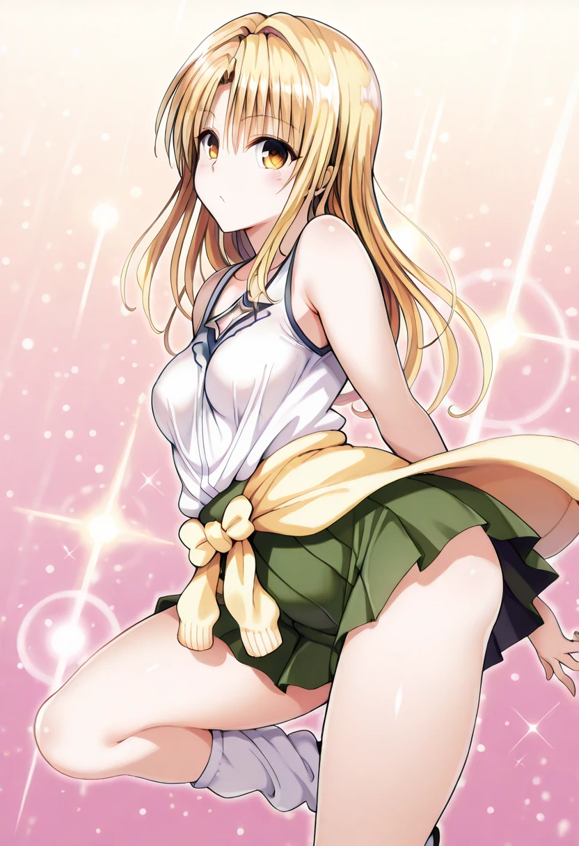 masterpiece, Highest quality, so beautiful, Long Hair, Blonde, Hair Ribbon, blue eyes, Smaller head, Earrings, (red_Tank top:1.5), (white_Long skirt:1.5), grassland, Are standing, Cowboy Shot, Mid-chest, smile, red面, (Lift up the skirt:1.5), (white_Panties:1.5), (Thick thighs:1.5), (Wide pelvis:1.5), (Diagonally below:1.5)