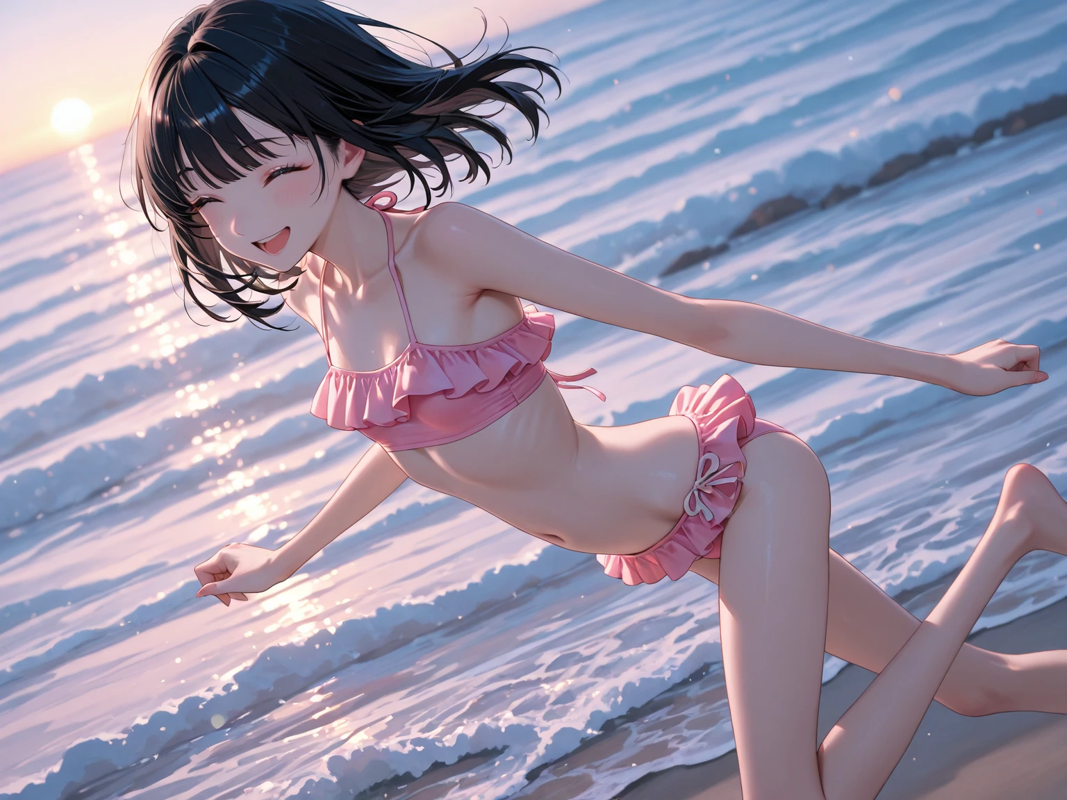 (official art、highest quality、Unity 8k wallpaper、32K、masterpiece、Super detailed、超A high resolution、realistic、Photoreal:1.2)、(natural soft light:1.2)、fire glow effect、film grain、best shadow、rim lighting、side light、side shot、(Highly detailed and complex 3D rendering)、Detailed beautiful face and eyes、sharp pupils、Real students、whole body, sandy beach、beautiful face、blurred background、10 years old beautiful girl((thin body:1.3))、shiny skin、Beautiful wet black hair、I pulled up my wet shirt、Wet pink checked miniskirt、(thighs thighs:0.9)、barefoot、curve、dynamic pose、smile with open mouth、(beautiful breasts:0.9)、I can see white pants、(transparent nipples)、((On the beach on Oahu in midsummer))、((10 years old))、(8K high quality), (highest quality), (RAW image quality), (Reality), (It's photorealistic:1.37), (high quality),(Ultra detailed),(best quality), (insanely detailed), (beautiful), (masterpiece)、Super detailed、Clear like a photo、detailed eyes、Gradation、perfect anatomical body proportions, Nikon Z9 80mm Renaste Piece、solo、detailed pattern、very bright natural light、too bright natural light、shining sunlight、((flat chest:1.5))
