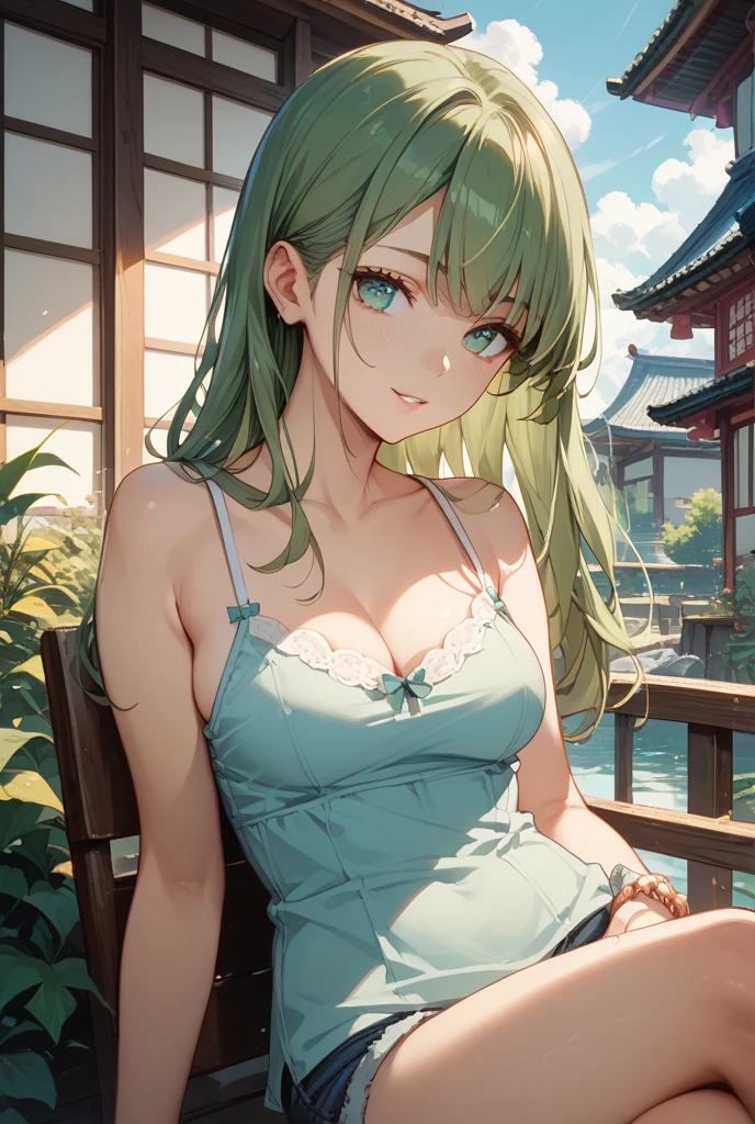 （Enrich the picture，Masterpiece level quality），Exquisite 8KCG artwork，Three goddess-like figures，sittinng on the river，Postural exercises，Slim and soft，Translucent skin，Green hair、The beauty of extra-long hair, Super Long Straight Hair，The skin is fair and juicy，Oversized big breasts blue bikini miniskirt uniform，Perspective Part 1.2x enhanced silhouette effect，Exquisite transparent blues pattern in pajamas，The details are intricate and exquisite，The background is slightly blurred，Charming and lustful leg seduction，Drool，Extra-large big breasts，Blush，Koreainsta Goddess，Perfect body slim curves，Scene by the sea，Japan goddess