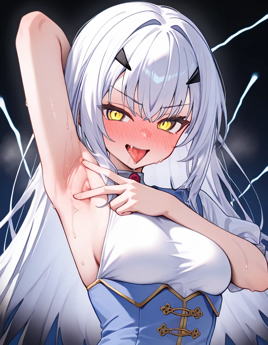 (shiny skin,melancholy look、Super detailed),((1 girl)),(perfect face, detailed face, fine eyes,perfect hands,perfect fingers), (medium breasts:1.2,evil smile:1.4),(mature woman:1.4),cowboy shot,thick,throw, (from below:1.4),short hair, Straight HARE,((白のone piece))、one piece、((8k wallpaper)),bare chest,cleavage, window,chest comes out,transparent clothes、(((white background:1.5)))、Put your arms behind your back、EMPosing for a bust size、(A gust of wind blowing from beneath your feet:1.2)、((Make sure nothing is visible except the person))、((Black long lace)),index, (green eyes:1.5), ((White hair)), long hair, habit,sit、thin legs